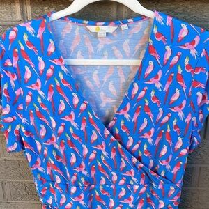 Boden Lola Jersey Stretch Blue Wrap Dress Parakeet Cockatiel- 12P